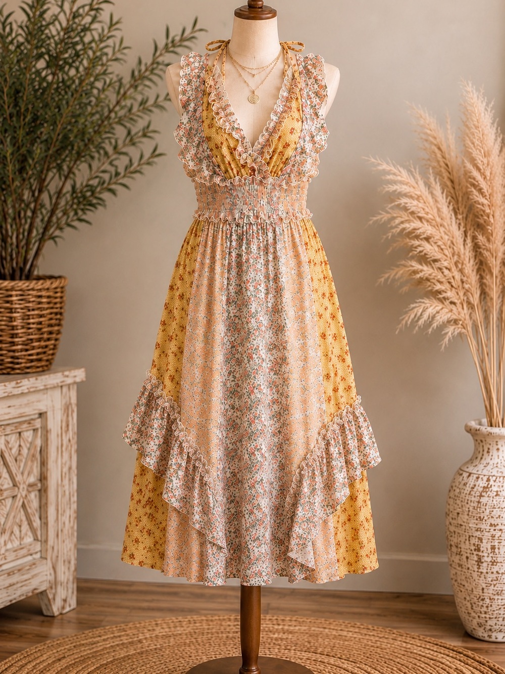 Gigio size sm 12” waist stretch to 18” Floral Ruffle V-Neck Yellow Midi Dress